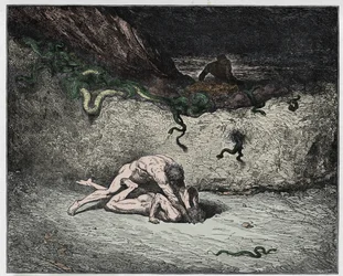 Inferno, Canto 30: O tormento dos falsários na nona bolgia (Gianni Schicchi), ilustração da Divina Comédia de Dante Alighieri, 1885 (gravura digital colorida)